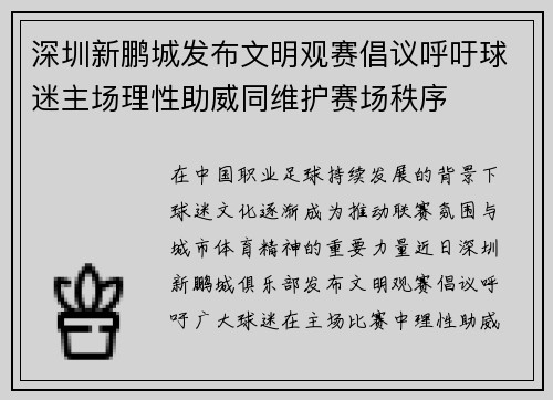 深圳新鹏城发布文明观赛倡议呼吁球迷主场理性助威同维护赛场秩序