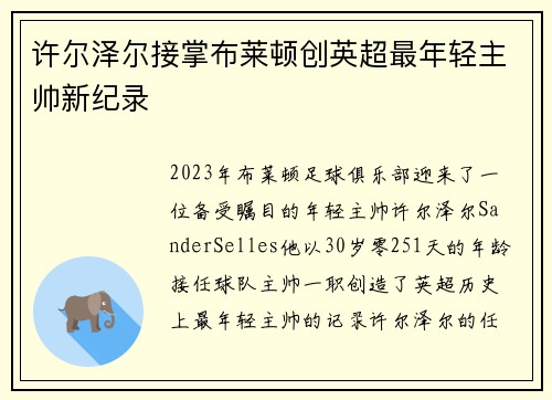 许尔泽尔接掌布莱顿创英超最年轻主帅新纪录